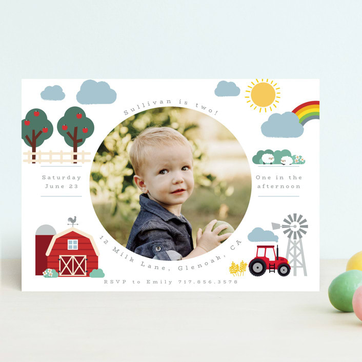 "Down by the farm" - Children's Birthday Party Invitations in Rainbow by Hudson meet Rose - Front
