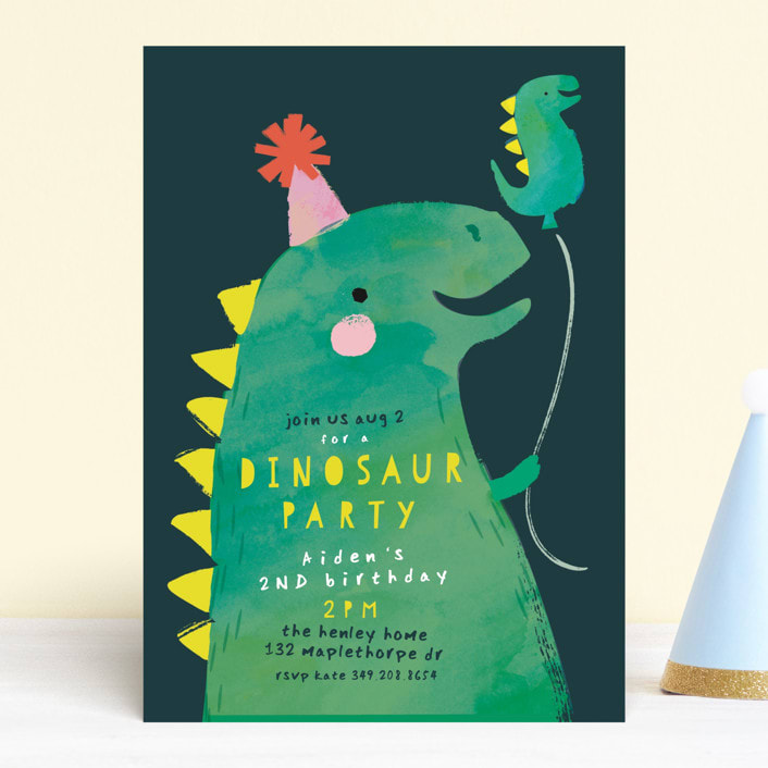 "Dinosaur Balloon" - Children's Birthday Party Invitations in Teal by Lori Wemple - Front