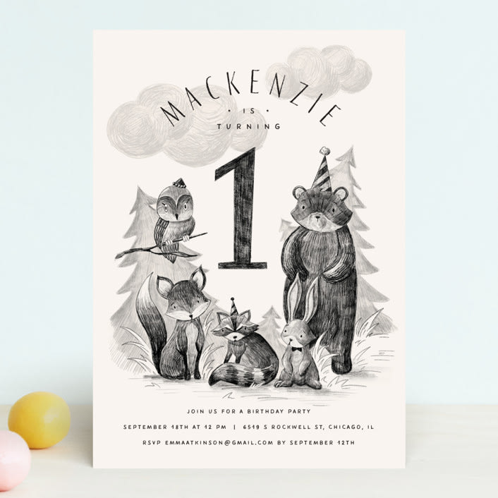 "Forest Friends" - Children's Birthday Party Invitations in Sephia by Anastasia Makarova - Front