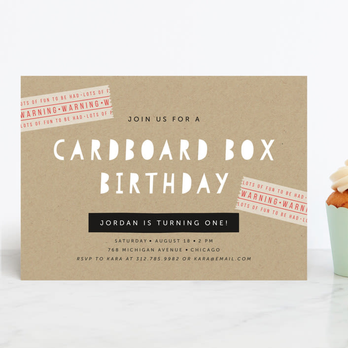 "Cardboard Box" - Children's Birthday Party Invitations in Watermelon by Lehan Veenker - Front