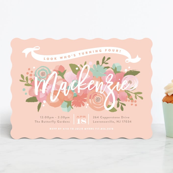 "Blooming Peonies" - Children's Birthday Party Invitations in Peach by Jennifer Wick - Front