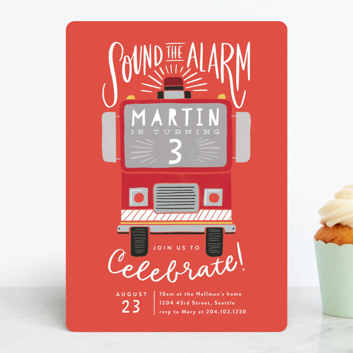 "Sound the Alarm Firetruck" - Children's Birthday Party Invitations in Poinsettia by Alethea and Ruth - Front