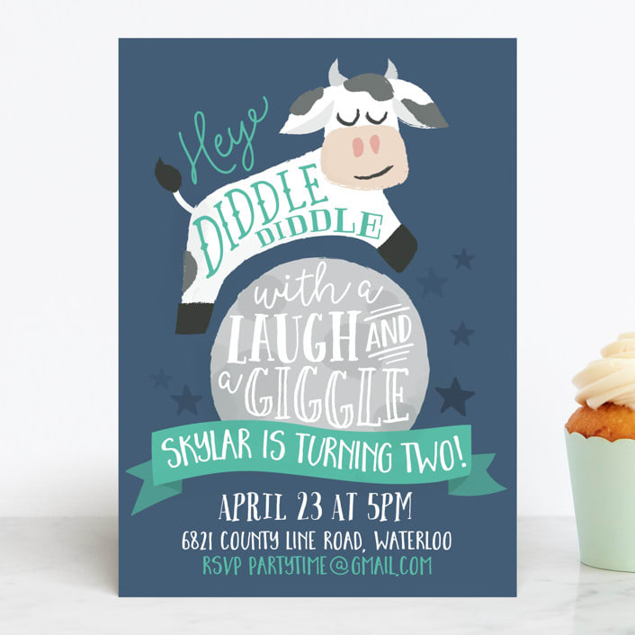 "Over the Moon" - Children's Birthday Party Invitations in Navy by Jessie Steury - Front