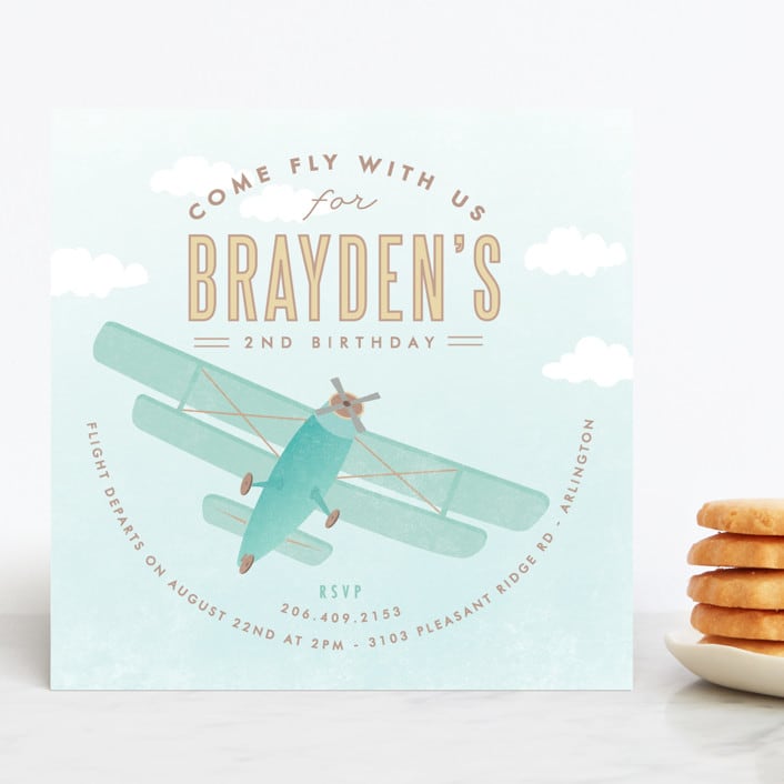 "Come Fly with Us" - Children's Birthday Party Invitations in Teal by Karidy Walker - Front