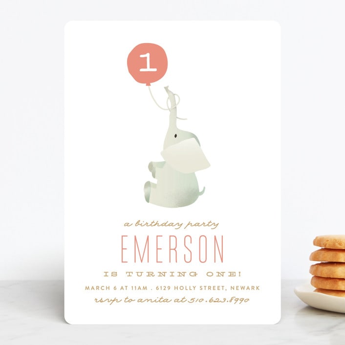 "Ollie Elephant" - Children's Birthday Party Invitations in Coral by Phrosné Barwood - Front