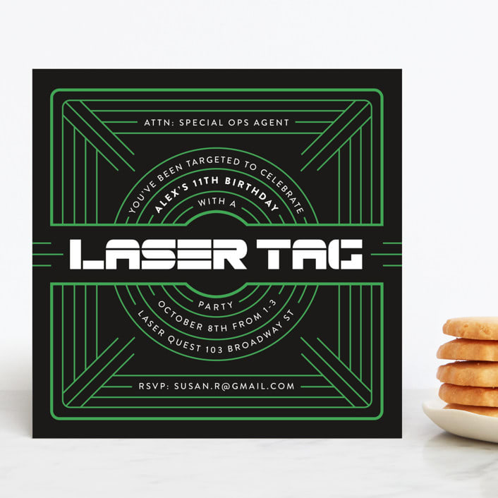 "Targeted" - Children's Birthday Party Invitations in Neon Green by Melissa Egan of Pistols - Front