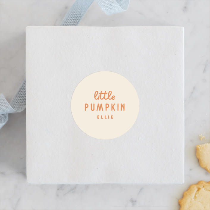 "A Little Pumpkin" - Children's Birthday Party Stickers in Pumpkin by Baumbirdy - Front