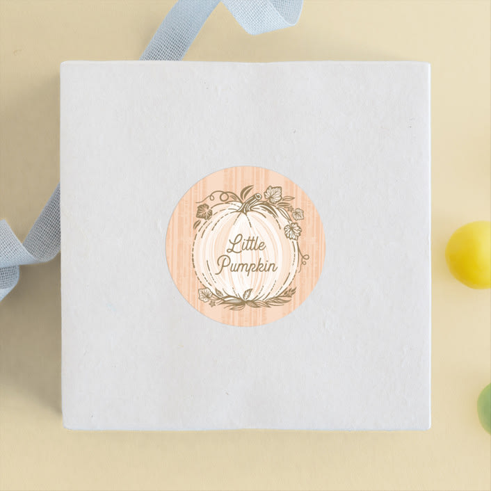 "Little Pumpkin" - Children's Birthday Party Stickers in Peach by Paper Sun Studio - Front
