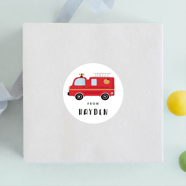"Fired Up!" - Children's Birthday Party Stickers in Cherry by Oma N. Ramkhelawan - Front