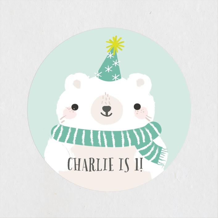 "Polar Party" - Children's Birthday Party Stickers in Aqua Green by Itsy Belle Studio - Front