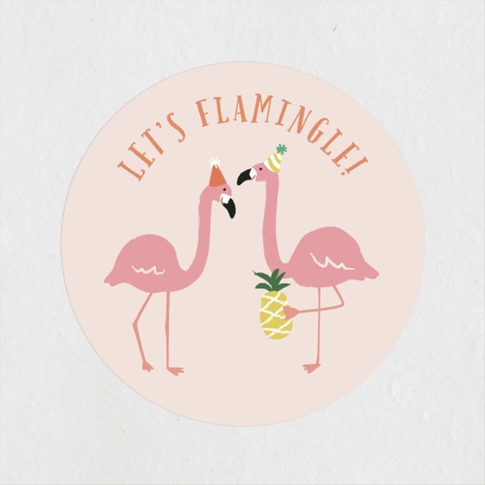 "Let's flamingle!" - Children's Birthday Party Stickers in Cotton Candy by Jennifer Wick - Front