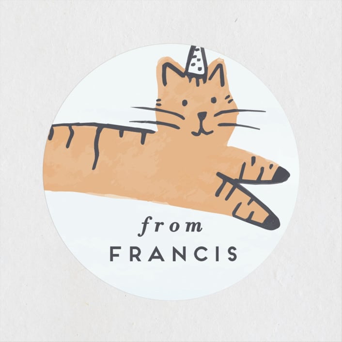 "Pawty Cat" - Children's Birthday Party Stickers in Apricot by Everett Paper Goods - Front