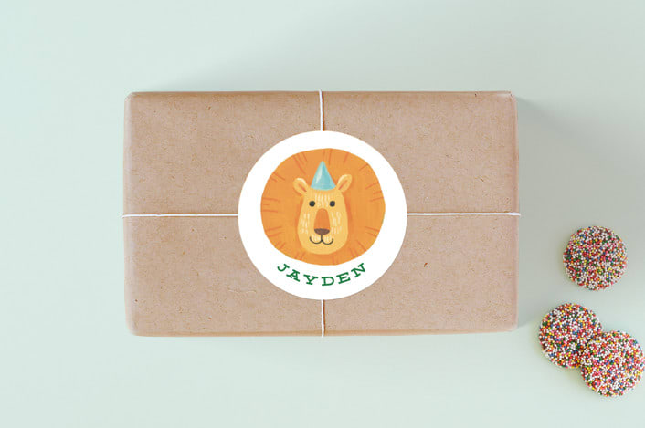 "Animal Safari" - Children's Birthday Party Stickers in Pumpkin by Shannon Chen of Four Wet Feet Studio - Front