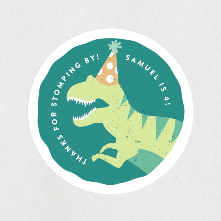 "Stomp and Chomp Dino" - Children's Birthday Party Stickers in Jungle by Joanna Griffin - Front