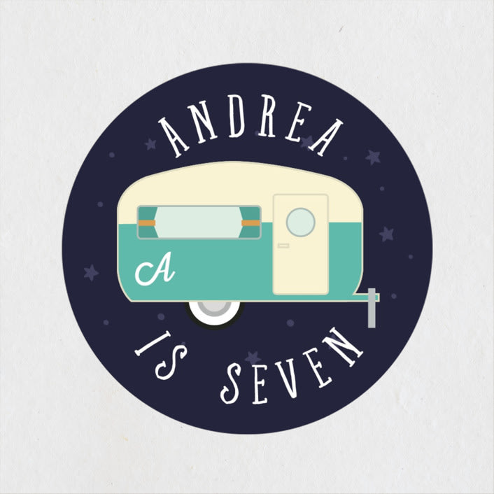 "Retro Camper" - Children's Birthday Party Stickers in Midnight by Hudson meet Rose - Front