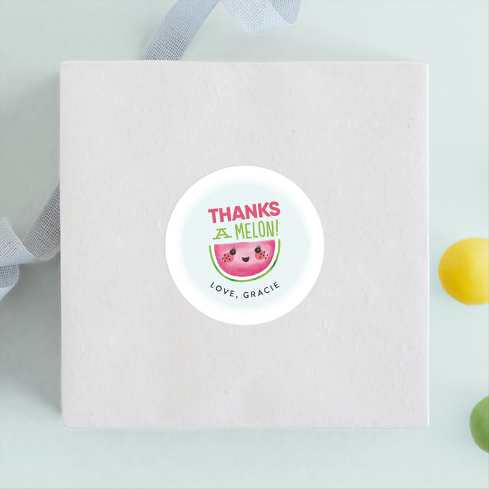 "One In A Melon" - Children's Birthday Party Stickers in Watermelon by Itsy Belle Studio - Front