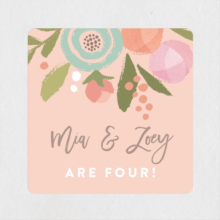 "Blooming Peonies" - Children's Birthday Party Stickers in Peach by Jennifer Wick - Front
