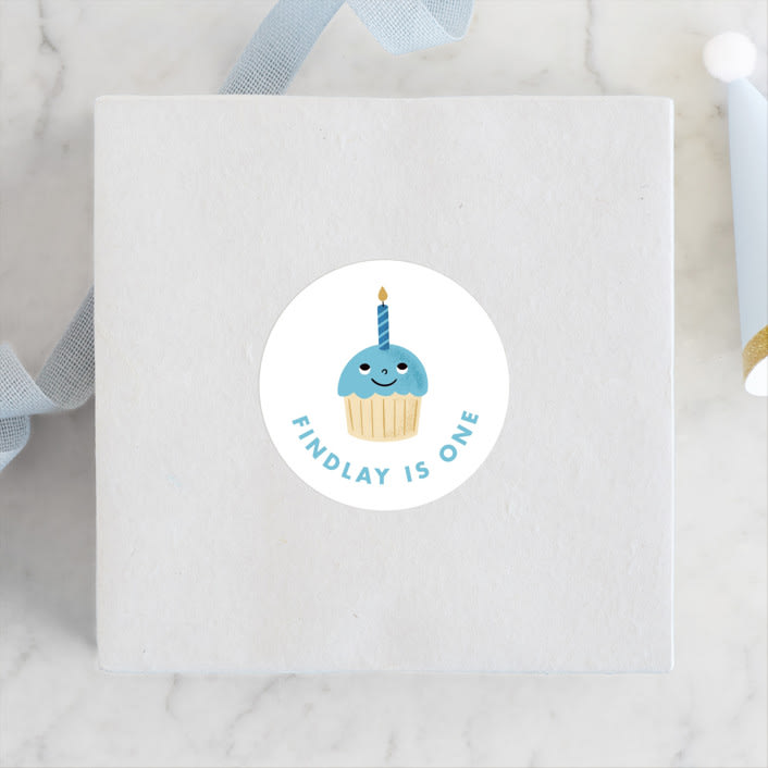 "One Cupcake" - Children's Birthday Party Stickers in Bluebird by mo kelley - Front