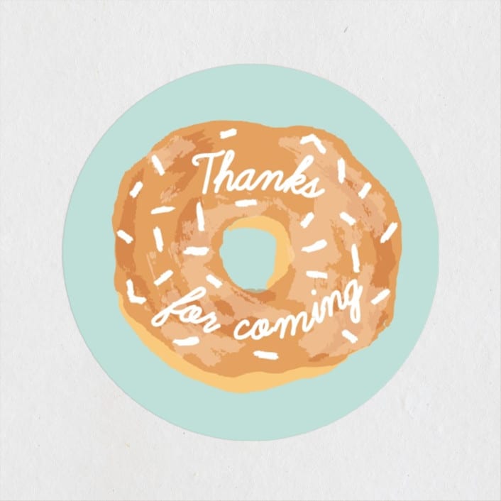 "Donut Miss The Party" - Children's Birthday Party Stickers in Blue Sky by Shiny Penny Studio - Front