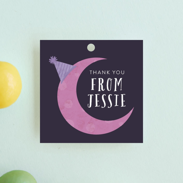 "Late Over" - Children's Birthday Party Favor Tags in Mixed Berry by Amy Payne - Front