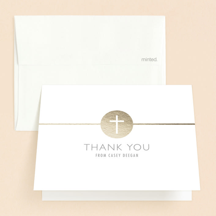"Golden Cross" - Baptism and Christening Thank You Cards in Champagne by Erin Deegan - Front