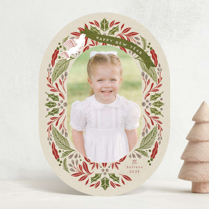 "Evergreen Ribbon" - Holiday Cards in Holly Berry by Susan Zinader - Front
