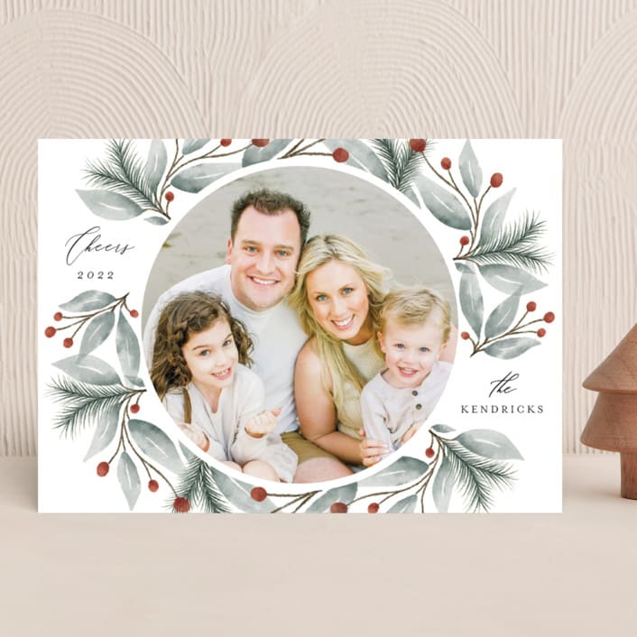 "Evergreen Surround" - Holiday Cards in Cranberry by Lehan Veenker - Front