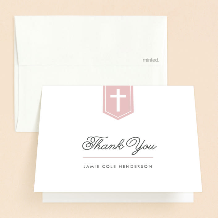 "Delicate Cross" - Baptism and Christening Thank You Cards in Bubblegum by Susan Asbill - Front