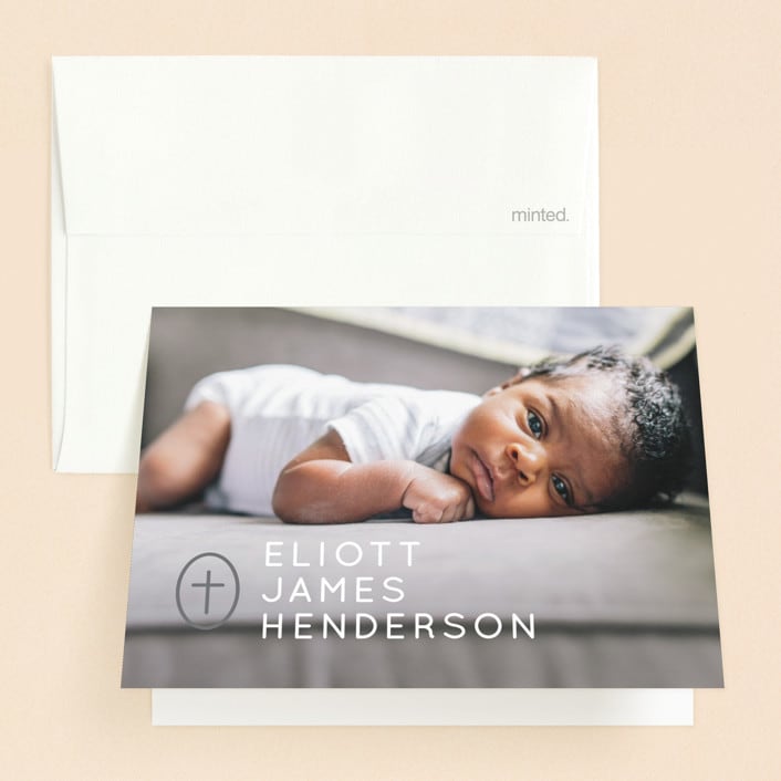 "Simply Modern Cross" - Baptism and Christening Thank You Cards in Slate by Drango Design - Front