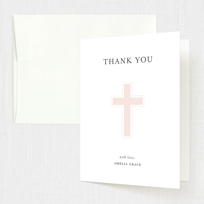 "Elegant Cross" - Baptism and Christening Thank You Cards in Rose by Chasity Smith - Front