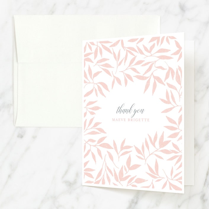 "Blessed Laurels" - Baptism and Christening Thank You Cards in Blush by Paula Pecevich - Front