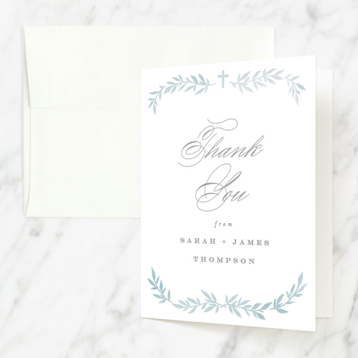 "Simple Foliage" - Baptism and Christening Thank You Cards in Mist by Everett Paper Goods - Front