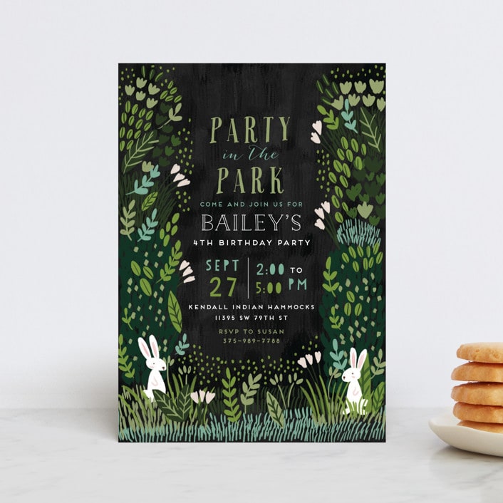 "Party In The Park" - Children's Birthday Party Invitations in Charcoal by iamtanya - Front