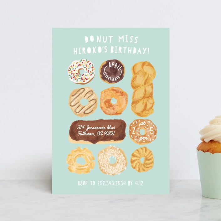 "Donut Miss The Party" - Children's Birthday Party Invitations in Blue Sky by Shiny Penny Studio - Front