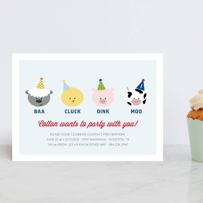 "Barnyard Crew" - Children's Birthday Party Invitations in Sky Blue by Leslie Ann Jones - Front