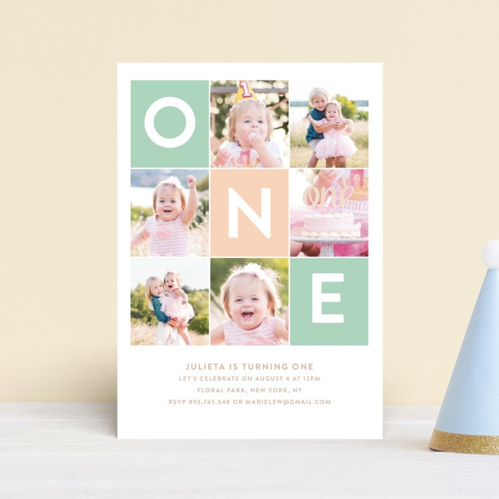 "Simply One" - Children's Birthday Party Invitations in Seafoam by Joanne James - Front