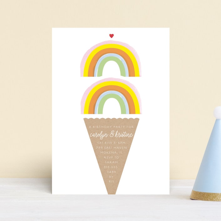 "Double Rainbow Scoop" - Children's Birthday Party Invitations in Sherbert by Baumbirdy - Front