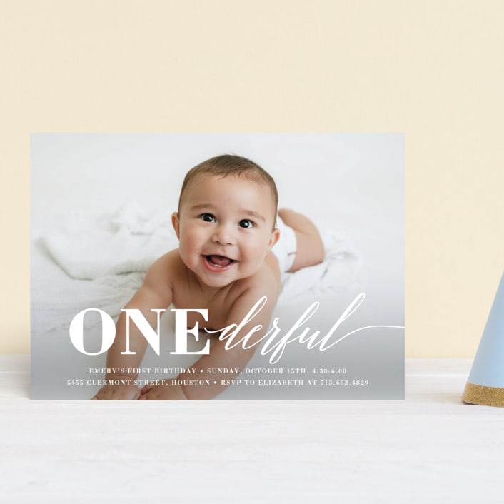 "Onederful" - Children's Birthday Party Invitations in Cloud by Susan Asbill - Front