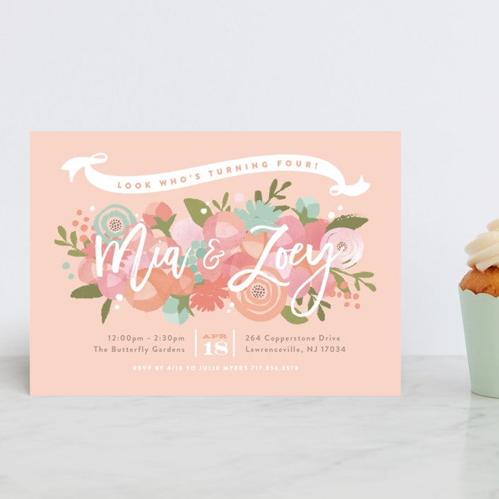 "Blooming Peonies" - Children's Birthday Party Invitations in Peach by Jennifer Wick - Front