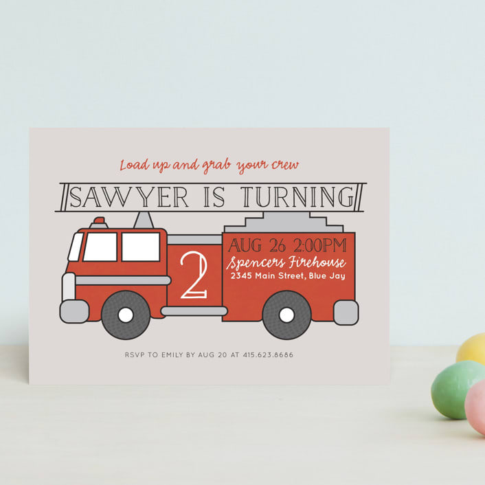 "Fire House Party" - Children's Birthday Party Invitations in Firetruck by Korry Brown - Front
