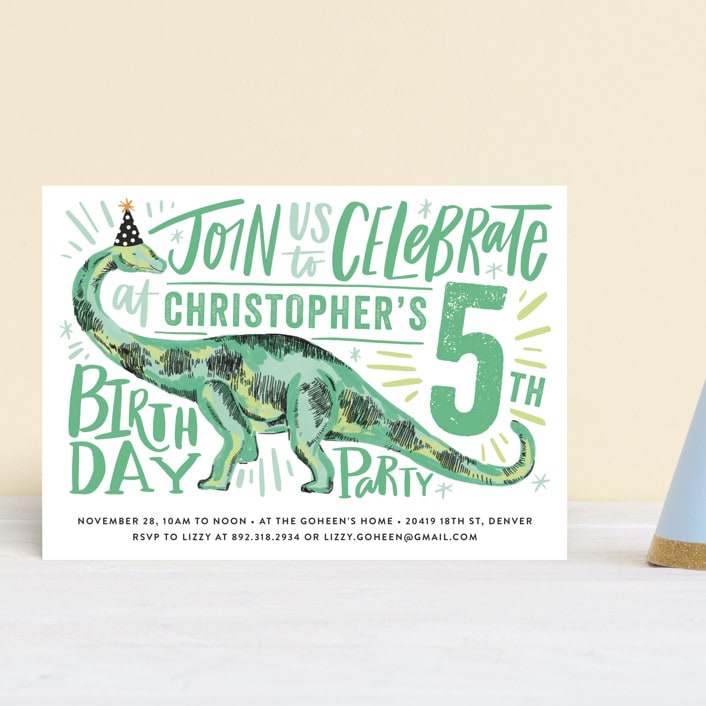 "Dino Party Hat" - Children's Birthday Party Invitations in Fern by Alethea and Ruth - Front