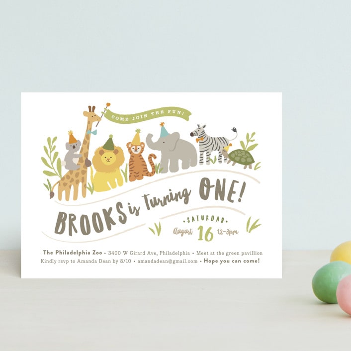 "Animals on parade" - Children's Birthday Party Invitations in Pear by Jennifer Wick - Front
