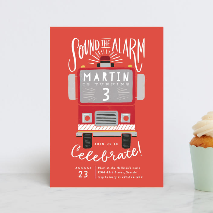 "Sound the Alarm Firetruck" - Children's Birthday Party Invitations in Poinsettia by Alethea and Ruth - Front