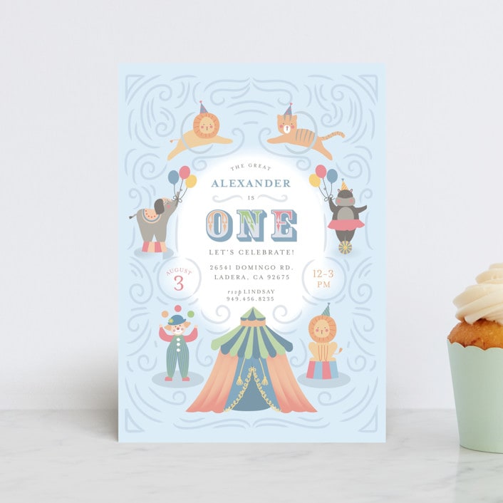 "Step Right Up" - Children's Birthday Party Invitations in Sky by Joanna Griffin - Front