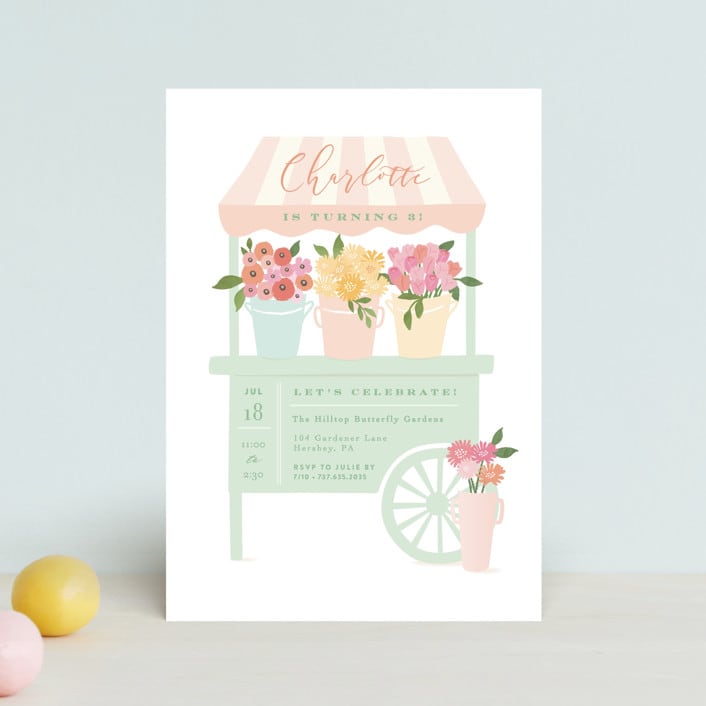 "Petite flower cart" - Children's Birthday Party Invitations in Grass by Jennifer Wick - Front