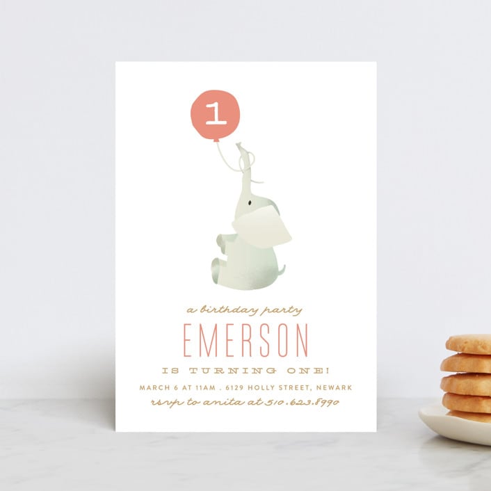 "Ollie Elephant" - Children's Birthday Party Invitations in Coral by Phrosné Barwood - Front