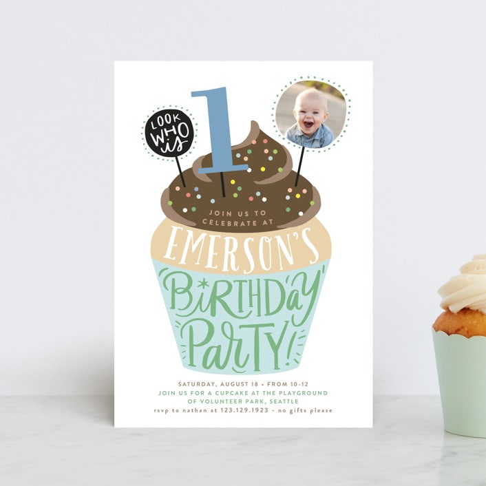 "Cupcake Topper" - Children's Birthday Party Invitations in Turquoise by Alethea and Ruth - Front