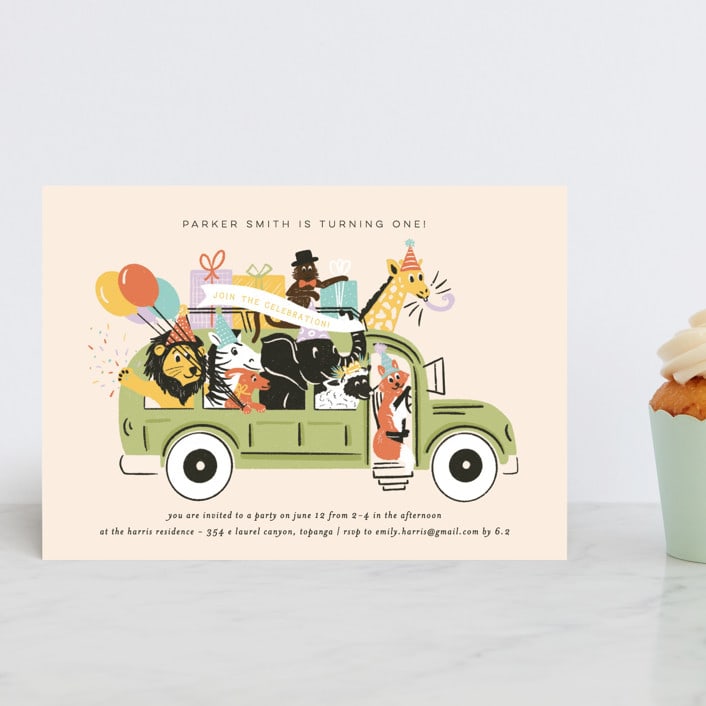 "Birthday Bus" - Children's Birthday Party Invitations in Sour Apple by Shiny Penny Studio - Front