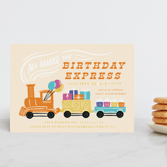 "The Birthday Express" - Children's Birthday Party Invitations in Sunset by Shiny Penny Studio - Front