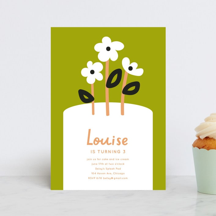 "Flower Cake" - Children's Birthday Party Invitations in Lime by Baumbirdy - Front